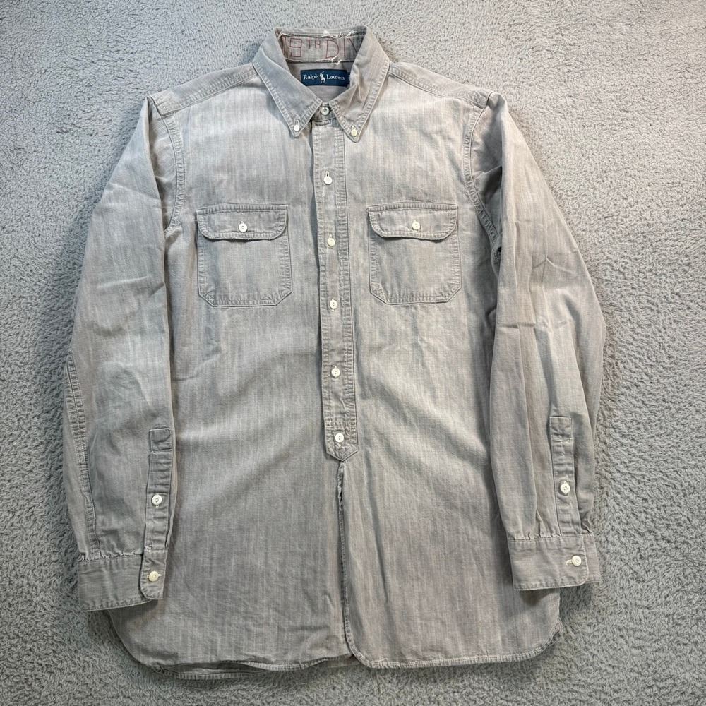 Ralph Lauren Mens Gray Cotton Button Down Work Shirt 19TH DIV Large 10917